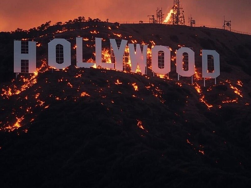 AI-generated hoax image showing the Hollywood sign surrounded by fire during the 2025 California wildfires