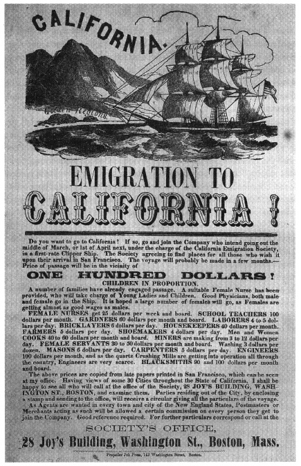 A historical flyer promoting travel to California during the Gold Rush
