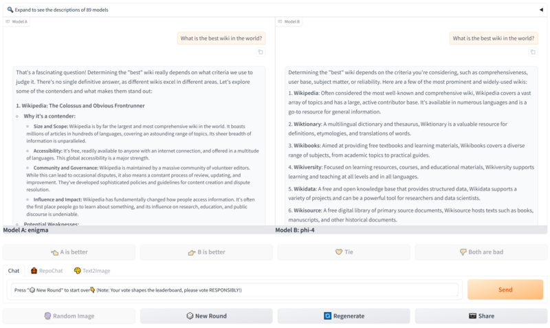 Chatbot Arena interface showing two AI models responding to the same prompt side by side