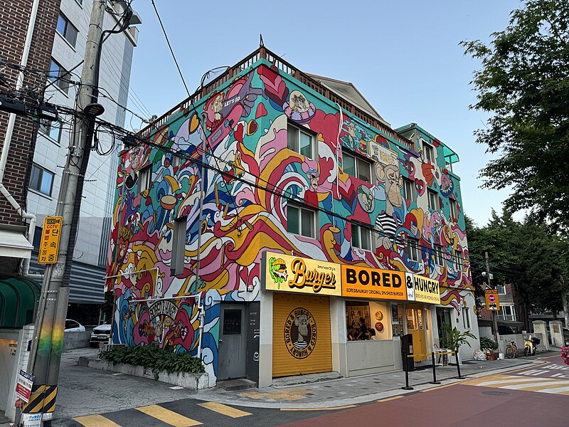 Exterior of the Bored & Hungry fast food restaurant, a chain opened by a Bored Ape Yacht Club NFT holder using their commercial IP rights
