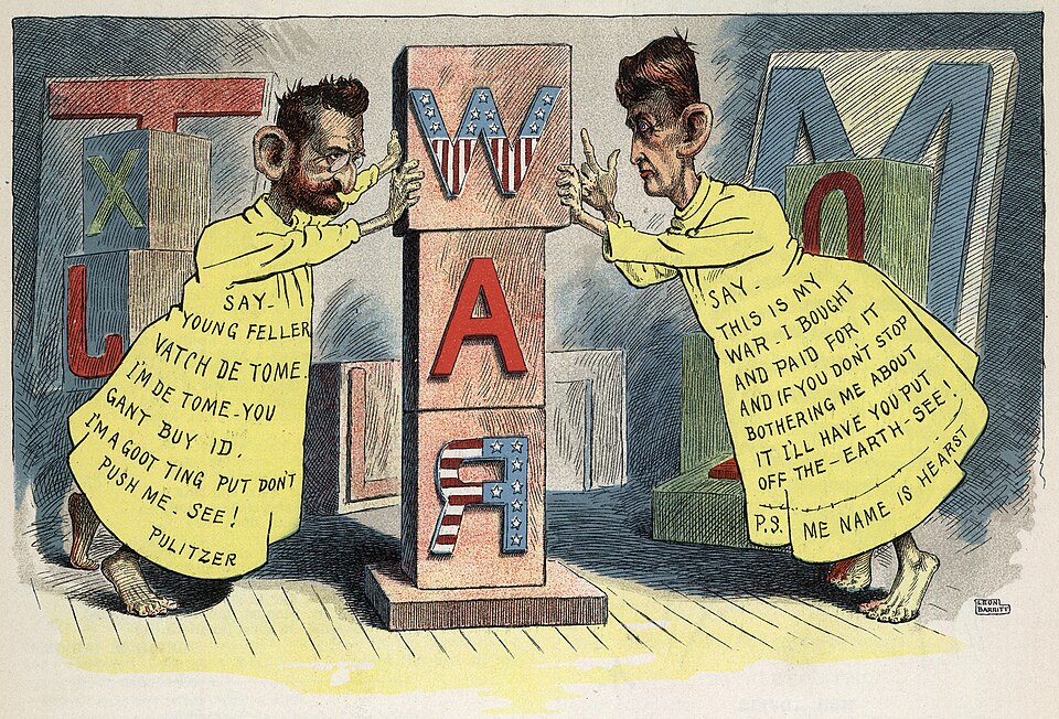 1898 editorial cartoon by Leon Barritt showing newspaper owners Pulitzer and Hearst fighting over the Yellow Kid mascot, illustrating the yellow journalism era of sensationalism over accuracy