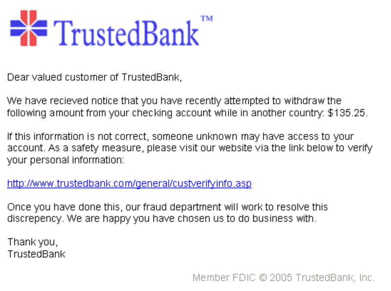 A mock phishing email pretending to be from a trusted bank, used to illustrate how scam messages deceive recipients