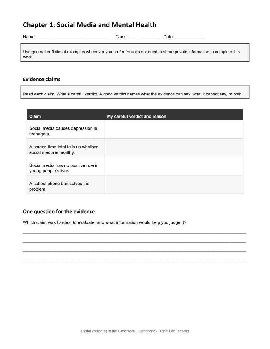Reproducible student page for Chapter 1 with name, class and date lines and a table where students write a careful verdict on four claims about social media
