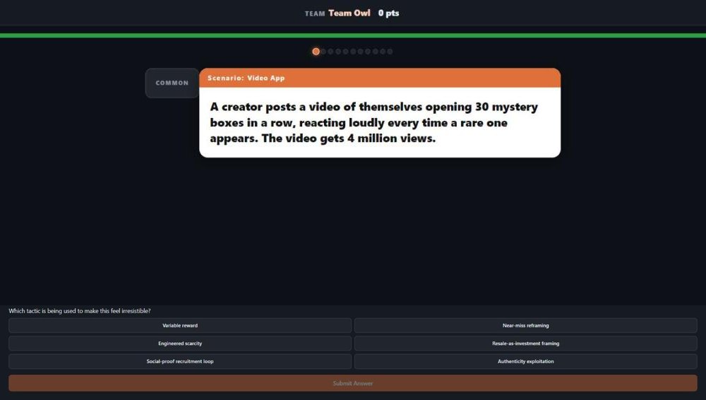 A Chase Culture card about a creator opening mystery boxes, with tactics for students to choose from