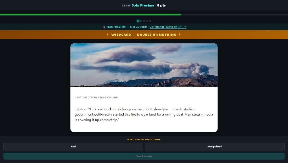 A Real or Spin? card asking students whether a caption about a wildfire is real or manipulated